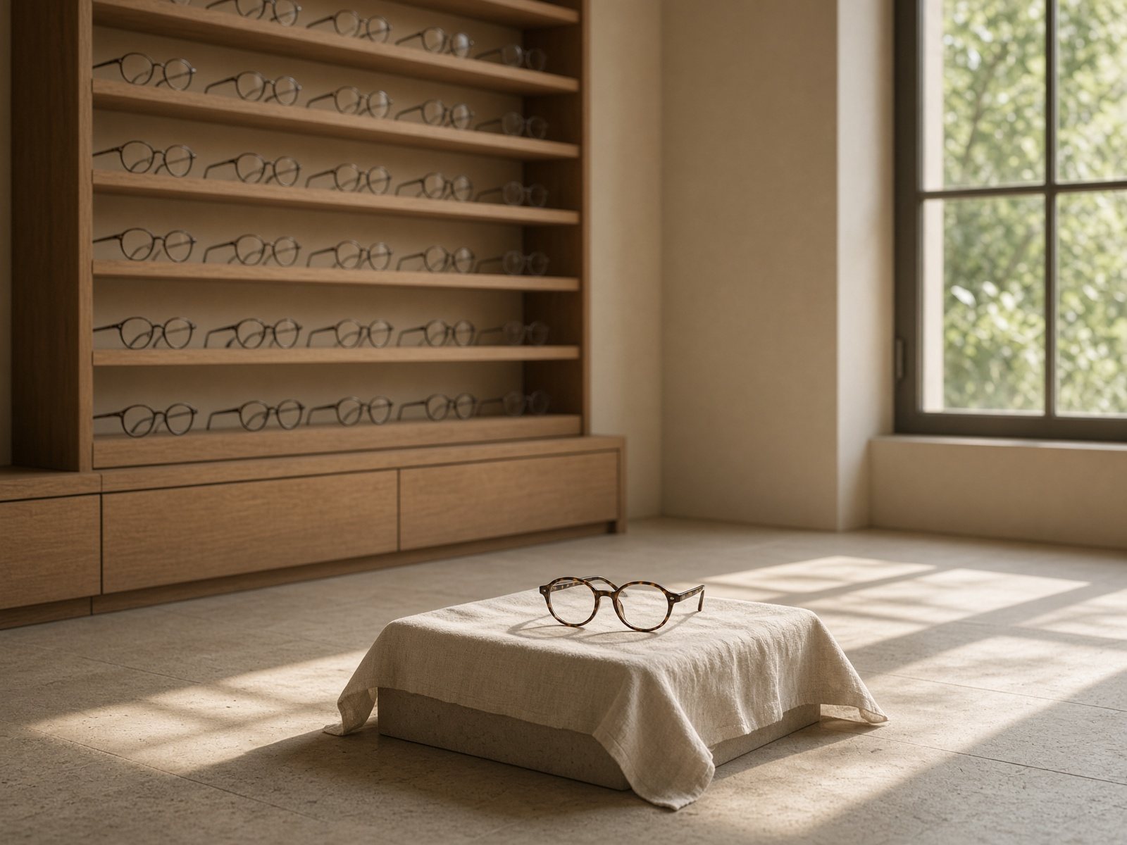 Quiet independent optician practice with walnut frame displays in morning light