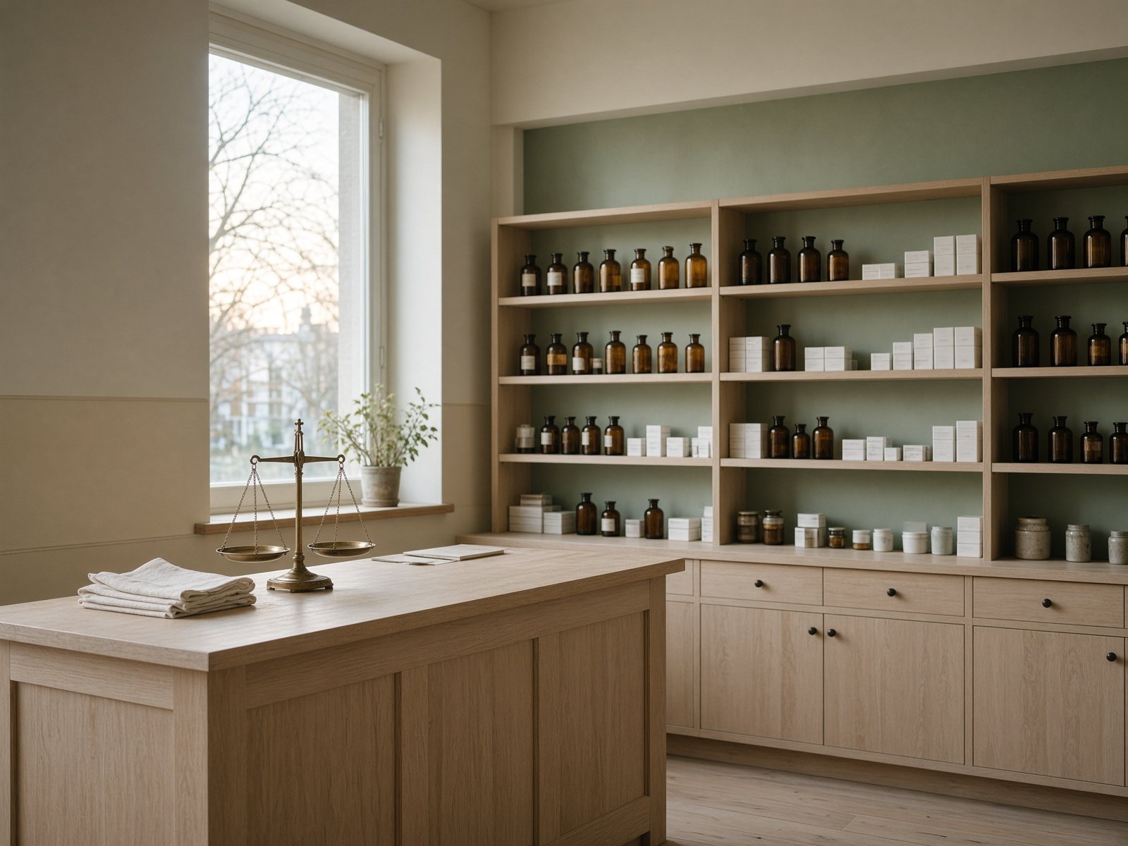 Calm community pharmacy dispensary with orderly shelving and a pale oak counter