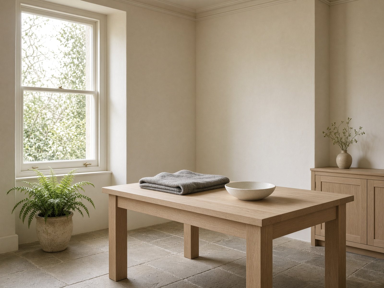 Refined veterinary consulting room with oak examination table and garden light